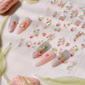 5D strawberry nail stickers with summer jelly effect on gradient false nails
