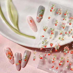 5D strawberry nail art stickers with sweet fruit, small flowers, and bows for summer manicure