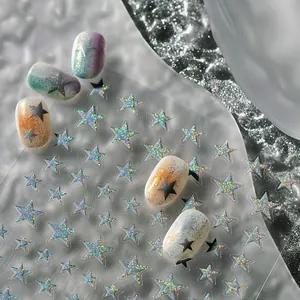 Holographic star nail art stickers with laser glitter effects and gradient display tips