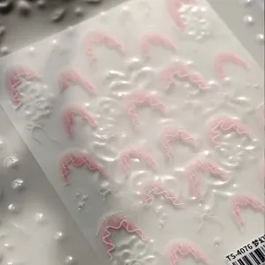 5D embossed dream series pink lace and bow nail art stickers with starry relief texture