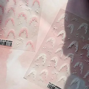 5D French style embossed white lace and bow nail stickers for elegant manicures