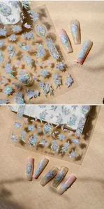 Detailed macro view of 5D floral nail art stickers with embossed lavender flowers and butterflies
