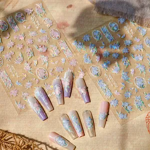 3D Relief Laser Holographic Flower Butterfly Nail Art Stickers 5D Embossed Floral Nail Decals For Women DIY Decoration