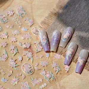 3D embossed lily flower nail art stickers with pink floral and butterfly designs