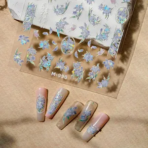 Laser holographic purple flower nail stickers M-990 with realistic floral design