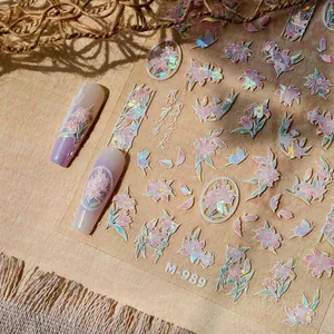 3D embossed pink lily flower and butterfly nail art stickers with laser finish M-989