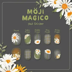 Daisy flower nail stickers with yellow grids and floral patterns in earthy tones
