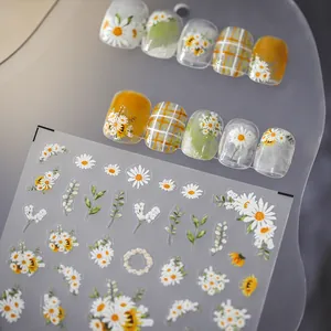 Daisy and yellow plaid self-adhesive nail art stickers with fresh floral design