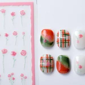 Autocollants à Ongles Mats Gaufrés 3D Motif Rose Rose et Gingham Plaid Auto-Adhésifs Décalcomanies d'Art d'Ongles DIY Femme Enfants