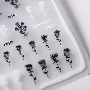 Stickers ongles 3D roses mates avec motifs floraux noir et blanc pour enfants