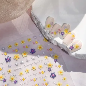 3D-Präge-Nagelaufkleber mit Frühlingsblumen und künstlerischen Textmustern