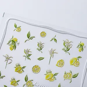 3D reliëf nagelstickers met gele citroen en groene bladeren texturen voor kinderen