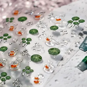 Autocollants Art Ongles Relief Poisson Rouge Feuille Lotus Goutte Eau Été Style Chinois Texture Gelée Auto Adhésif