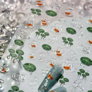 Autocollants nail art 3D en relief avec motifs de carpes koi dorées et feuilles de lotus