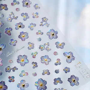 3D holographic purple flower nail art stickers with gold stamens and floral decals