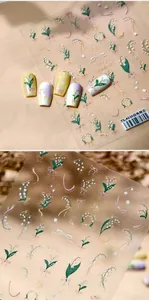 Détail d'autocollants 3D pour ongles avec muguet blanc et nœuds roses en relief