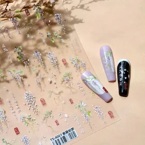 Autocollants de Nail Art Relief 3D Muguet Glycine Motif Floral Style Chinois Frais Autocollants Décalcomanies de Manucure pour Femmes Enfants