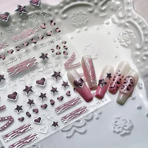 3D Embossed Pink Leopard Print Nail Art Stickers Heart Star Silver Foil Self Adhesive Nail Decals For Kids Women DIY Manicure