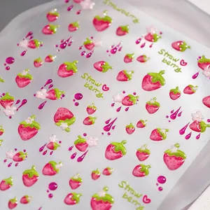 Cute 3D embossed strawberry nail art stickers with pink flowers for DIY manicure