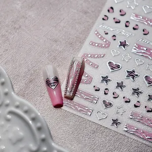 3D pink lace and leopard print nail art stickers with silver embossed stars and hearts