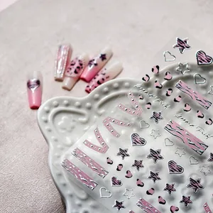 3D pink leopard bow lace nail art stickers with embossed heart and star patterns