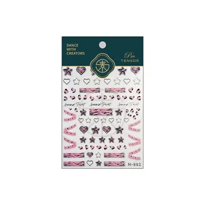 Pink and black leopard print nail stickers with 3D stars and lace heart patterns