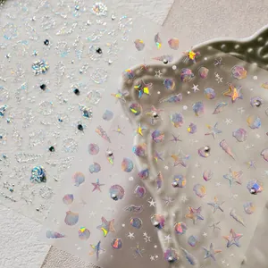 Pegatinas para Uñas en Relieve 3D Tema Oceánico Estrella de Mar Concha Holográfica Pegatinas para Uñas Con Perlas Artificiales de Imitación Decoración DIY
