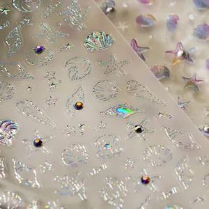Pegatinas holográficas para uñas de conchas marinas y estrellas de mar con pedrería
