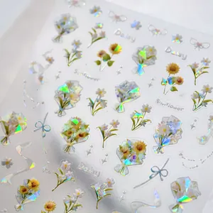 Pegatinas 3D holográficas para uñas con diseños de margaritas y girasoles