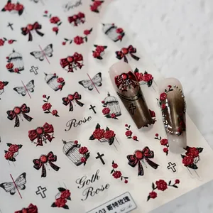 Stickers ongles 3D rose gothique avec nœuds rouges, croix et motifs rétro cage