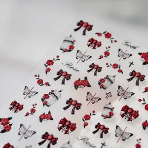Autocollants 3D gaufrés pour ongles rose gothique avec papillons et nœuds style rétro