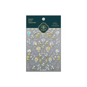 Pegatinas 3D láser para uñas con margaritas, girasoles y lazos de colores modelo M-1053