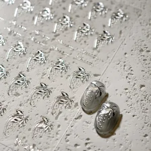 Korean style 3D silver strawberry nail stickers with embossed metallic texture