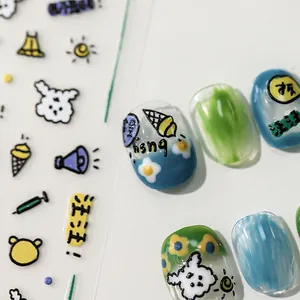 Cute cartoon puppy and bunny nail art stickers with colorful hand-drawn patterns