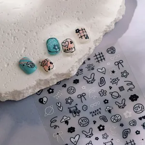 Autocollants à ongles minimalistes de dessins animés avec chien et lapin en trait noir