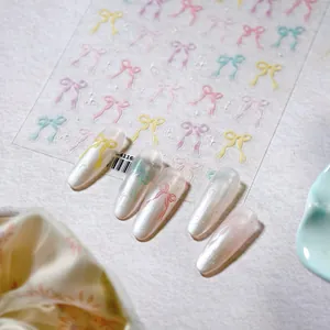Korean Style Bow Nail Art Stickers 3D Relief Soft Yarn Ribbon Designs Macaron Colors For Women Kids DIY Manicure Decoration