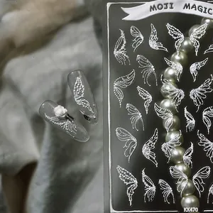 3D white angel wing nail stickers KX470 with elegant butterfly lace design for manicure
