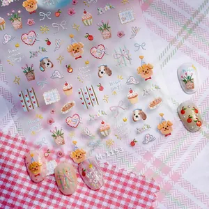 Stickers ongles 5D chiots avec nœuds et cœurs sur fond à carreaux rose et blanc
