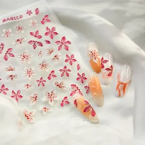 Detail of 3D embossed nail stickers featuring pink white floral patterns on white satin