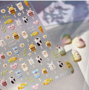 Detail of 3D embossed nail stickers featuring cute animal ice cream and floral patterns