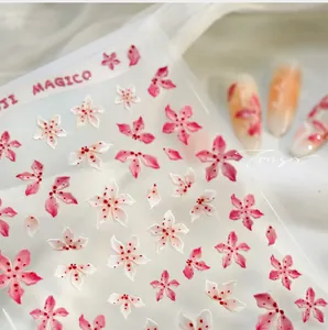 Macro detail of 5D embossed nail art stickers featuring pink and white floral patterns