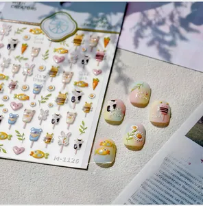 Detail of 3D embossed nail art stickers with cute cow, flower and ice cream patterns