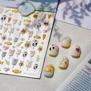 5D Relief Cute Animal Ice Cream Nail Stickers 3D Embossed Cartoon Cow Bee Daisy Nail Art Decals For Women Manicure Decoration