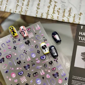 Gothic Y2K Nail Stickers Sweet Cool Dark Style Heart Star Cross Flame Patterns Purple Black Pink Decorative Nail Art Stickers