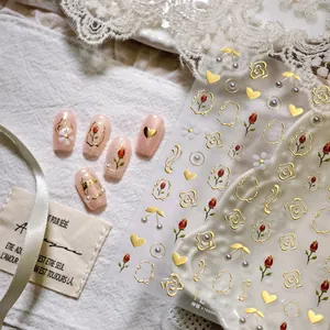 Autocollants à Ongles Bronzants en Relief 3D Feuille d'Or Rose Coeur Künstliche Perle Floral Style Français Décalcomanies Femme DIY