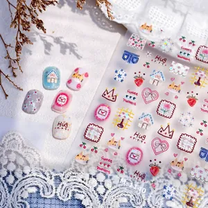 Stickers Ongles 3D Relief Dessin Animé Japonais Chat Cœur Maison Fraise Motif Décoration Art des Ongles DIY M-1140