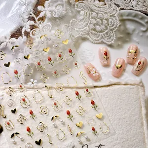 Stickers ongles 3D vintage avec tulipes dorées et perles pour un nail art élégant