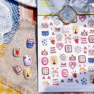 Stickers nail art japonais avec motifs de chats et cœurs mignons au style M-1140