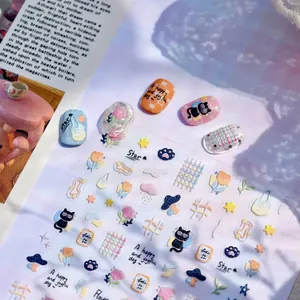 3D relief embossed nail art stickers with sweet cartoon cat and flower patterns