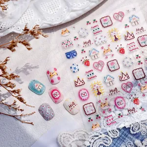 Autocollants ongles style japonais M1140 avec motifs mignons de chat cœur et maison